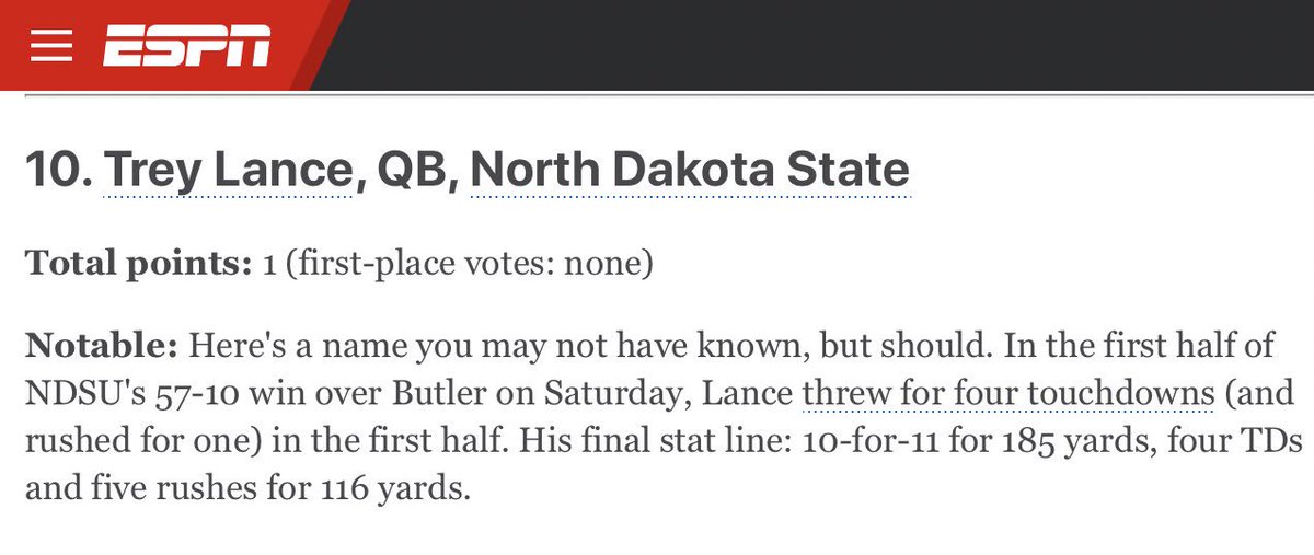 First time I’ve seen this during <a href="/NDSUfootball/">NDSU Football</a>’s dynasty. Trey Lance is mentioned in ESPN’s (early) Heisman Watch. espn.com/college-footba…