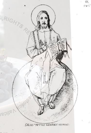 Here's a sketch of the image of Christ that would have been at the center--dressed in a tunic & pallium, seated on a globe w/a codex in his hand. The inscription read: "salus totius generis humani"  https://digi.vatlib.it/view/MSS_Vat.lat.5407 4/