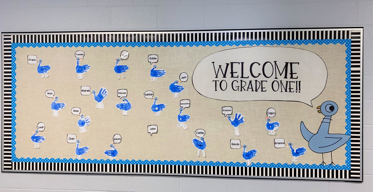 MissLeurer's tweet photo. We had an excellent first day reading “The pigeon HAS to go to school” and making our own handprint pigeons! Aren’t they cute? 🐦 #mowillems #gradeonefun https://t.co/ryKdXyYTNn