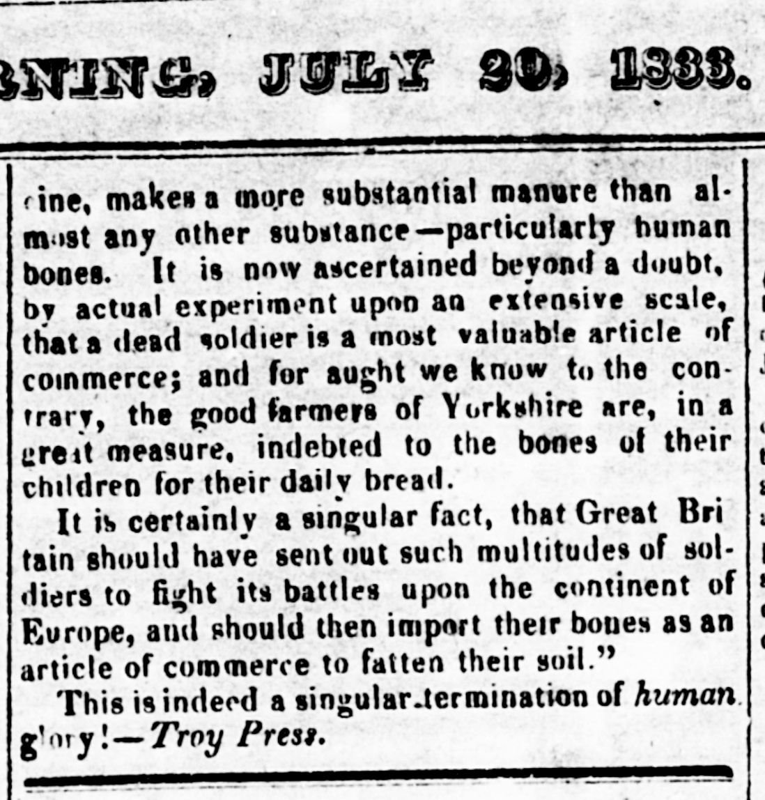 9.  "I'll grind his bones to make my bread!"The Phenix Gazette July 20, 1833 front page