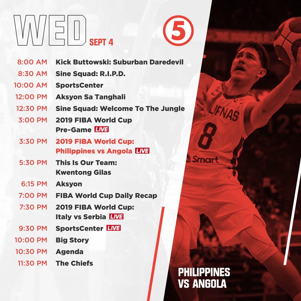 TV5manila's tweet photo. Watch Gilas Pilipinas as they take on Angola in the 2019 FIBA World Cup LIVE today at 3:30 PM on 5. 🇵🇭 #PilipinasGotGame

📱 https://t.co/wLXCXUyn2E #GetItOn5 https://t.co/Aw8kNnJZFD