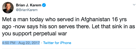 There was also the time that Brian encountered an Afghanistan veteran whose son was now serving in Afghanistan...an hour after The Onion tweeted out an identical "story."