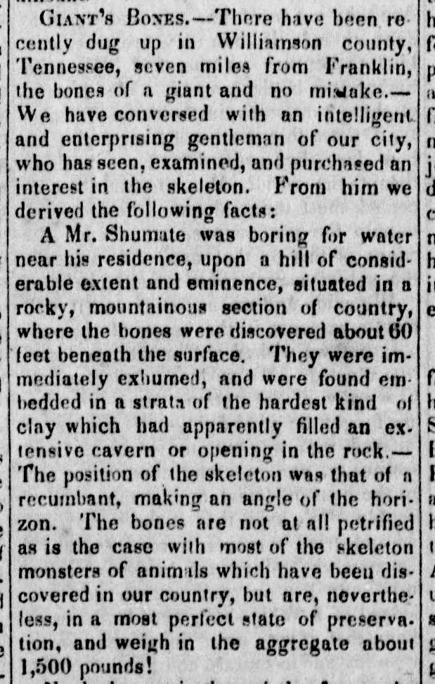 12. The 18-19 foot tall Tennessee Giant -On the front page of the "Mississippi Democrat", December 03, 1845.