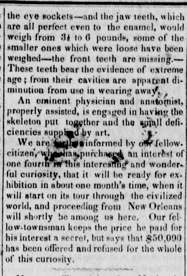12. The 18-19 foot tall Tennessee Giant -On the front page of the "Mississippi Democrat", December 03, 1845.