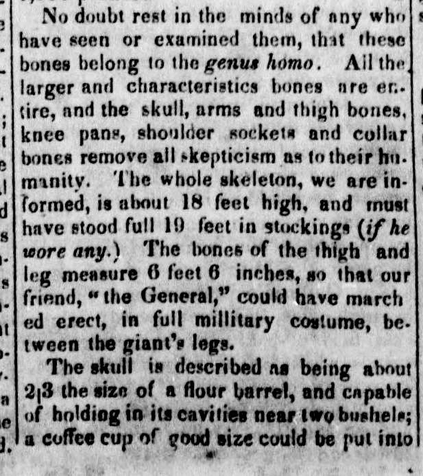 12. The 18-19 foot tall Tennessee Giant -On the front page of the "Mississippi Democrat", December 03, 1845.