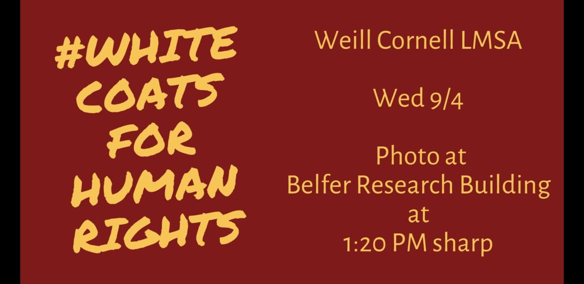 LMSA chapter at <a href="/WeillCornell/">Weill Cornell Medicine</a> is hosting a #WhiteCoatsForHumanRights action tomorrow! 

#MedTwitter #SoMeDocs #DoubleDocs #LatinasInMedicine #CloseTheCamps #FamiliesBelongTogether