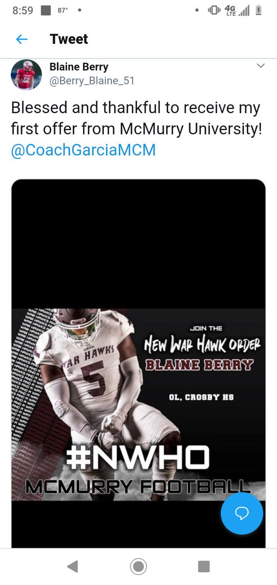 Congrats to 2020 OL <a href="/Berry_Blaine_51/">Blaine Berry</a> 
1st offer from McMurry University