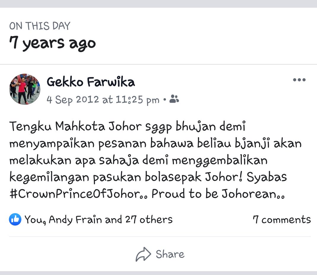 7 tahun dulu.. janji <a href="/HRHJohorII/">HRH Crown Prince of Johor</a> utk bangsa johor.. masih ingat lagi..  mase tu perlawanan persahabatan JFA lawan JFC.. ending with JFA 3 -JFC 1.. lepas tu tmj masuk padang walau hujan agak lebat.. penyokong pun tak berganjak.. perasaan mase tu.. fuhh priceless!

Terimakasih TMJ!
