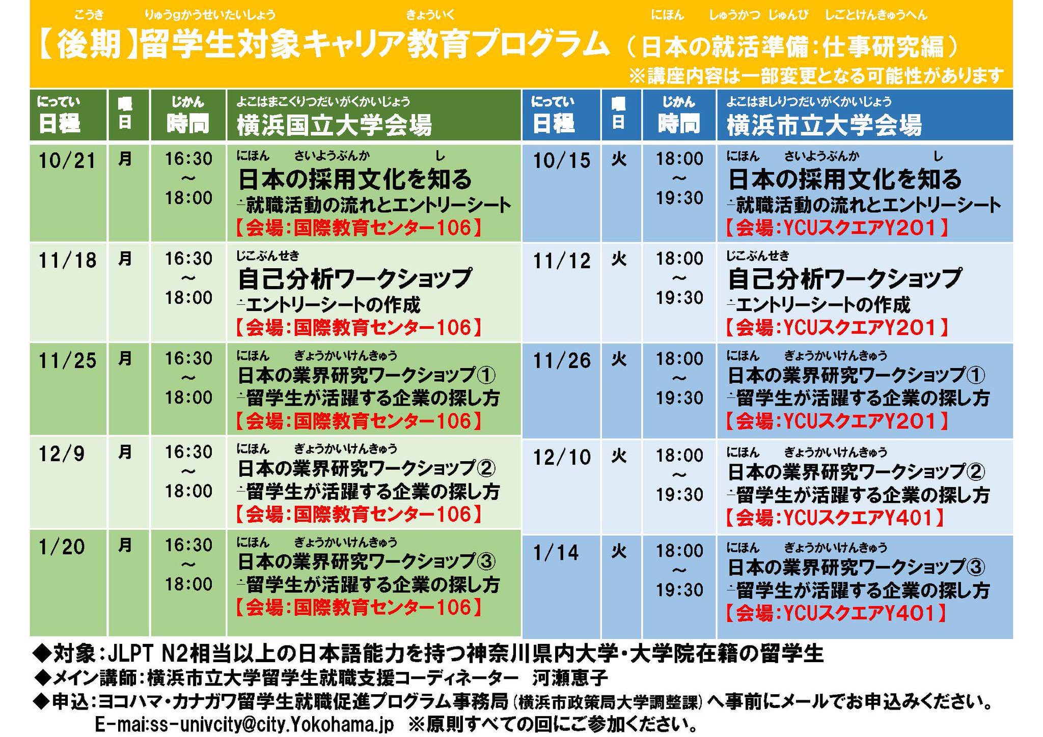 横浜市政策局大学調整課 ヨコハマ カナガワ留学生就職促進プログラム 後期キャリア教育プログラム開講します 後期は 日本の 就職活動の流れや業界研究をテーマに開講します 内定を得るには 日本の企業 業界についての理解を深めることが重要です 横浜市政策局大学調整課 ヨコハマ カナガワ留学生就職促進プログラム 後期キャリア教育プログラム開講します 後期は 日本の 就職活動の流れや業界研究をテーマに開講します 内定を得るには 日本の企業 業界についての理解を深めることが重要です