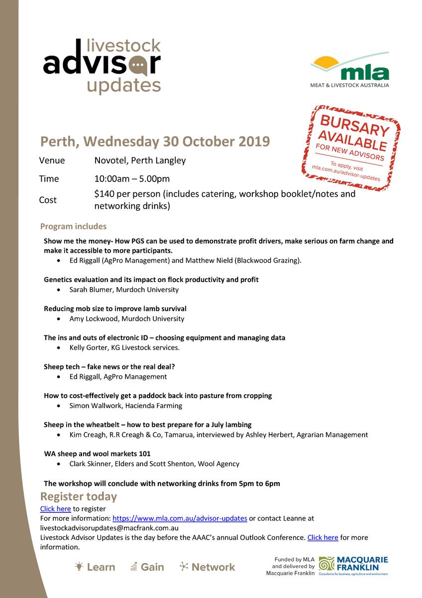 Registrations are now open for the western #LivestockAdvisorUpdates workshop! Being held on Oct 30 2019 in #Perth. A day of #learning &amp; #networking for anyone involved in #livestock advisory services. Full program below! bit.ly/2lXhkuf  <a href="/meatlivestock/">Meat & Livestock Australia</a> <a href="/McTay01/">Michael Taylor</a>