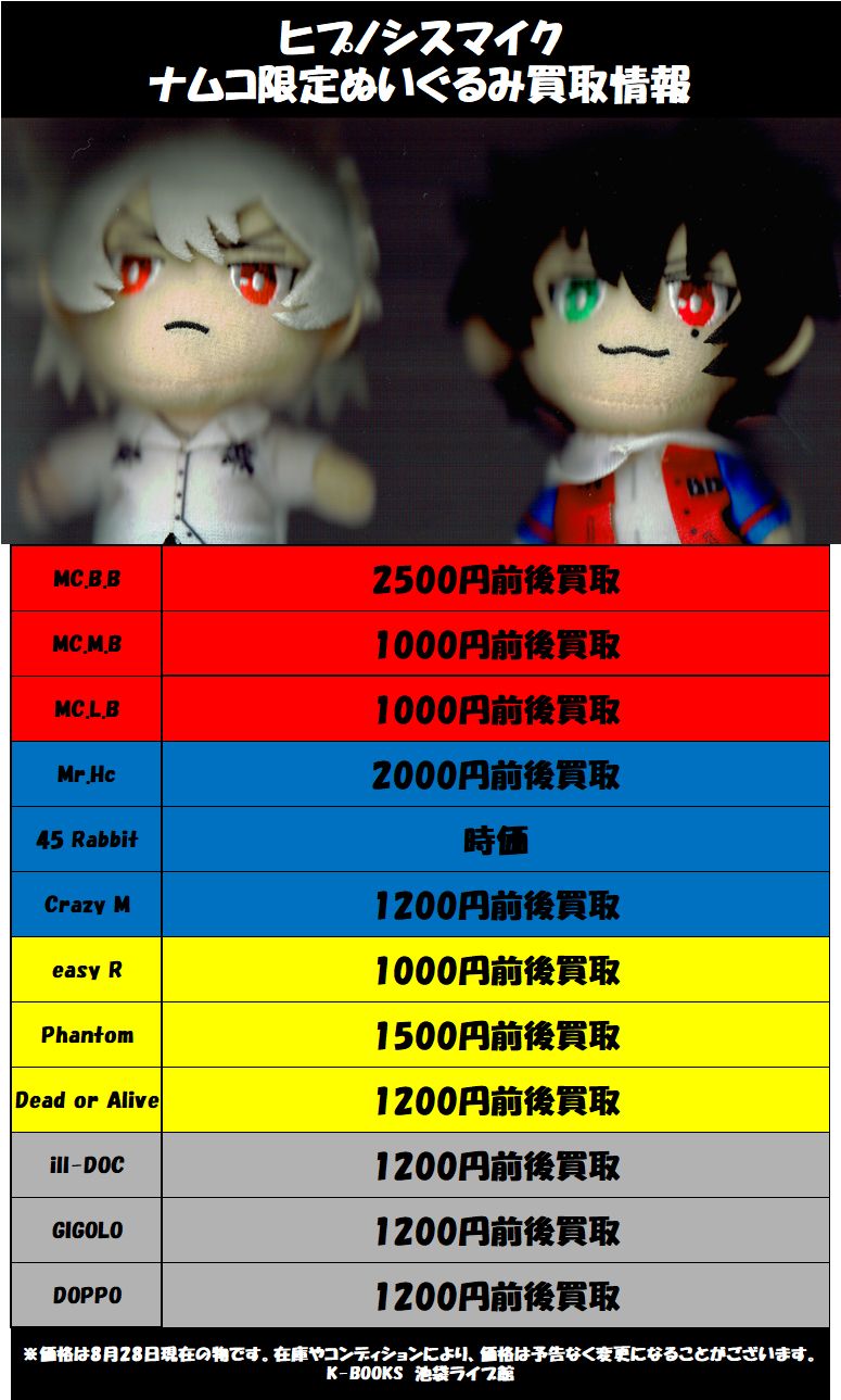 K Books ライブ館 ヒプノシスマイク ナムコ限定ぬいぐるみ買取強化 お持ち込みお待ちしてます Kbooks ヒプマイ 山田一郎 山田二郎 山田三郎 飴村乱数 夢野幻太郎 有栖川帝統 碧棺左馬刻 入間銃兎 毒島メイソン理鶯 神宮寺寂雷 伊弉冉 K Books ライブ館 ヒプノシスマイク ナムコ限定ぬいぐるみ買取強化 お持ち込みお待ちしてます Kbooks ヒプマイ 山田一郎 山田二郎 山田三郎 飴村乱数 夢野幻太郎 有栖川帝統 碧棺左馬刻 入間銃兎 毒島メイソン理鶯 神宮寺寂雷 伊弉冉