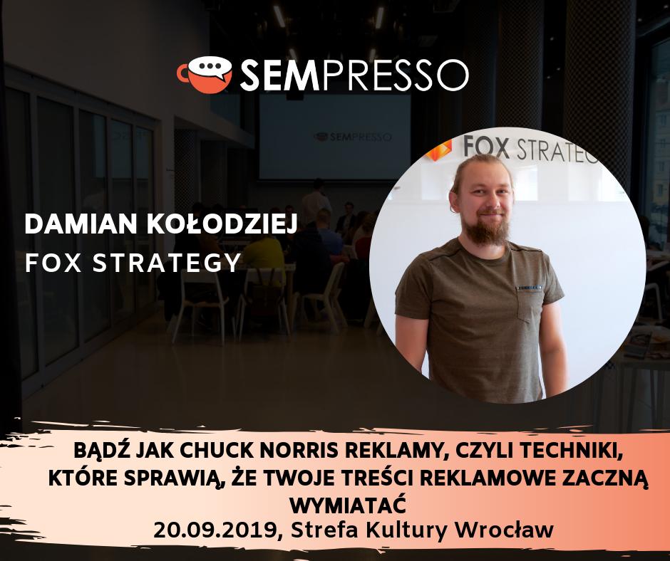FoxStrategy's tweet photo. Na trzeciej edycji #Sempresso wystąpi Damian Kołodziej, który w swoim wystąpieniu zdradzi jak:

• przyciągnąć uwagę potencjalnego klienta
• przekazać kluczowe informacje
• nakłonić do kliknięcia

Zapraszamy!
https://t.co/QlzIHhdTpl 😍 https://t.co/4CB8BebKO2