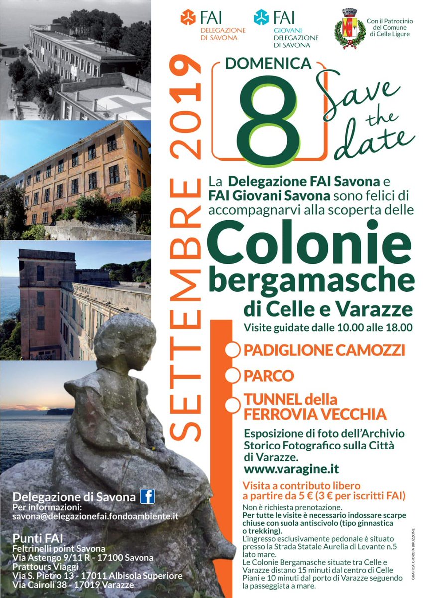 Domenica 8 Settembre le Delegazione FAI Savona  e FAI Giovani - Savona vi accompagneranno alla scoperta delle colonie bergamasche di Celle e Varazze! #savethedate

#portamiavarazze #orgoliovarazze #fai #varazze #eventi