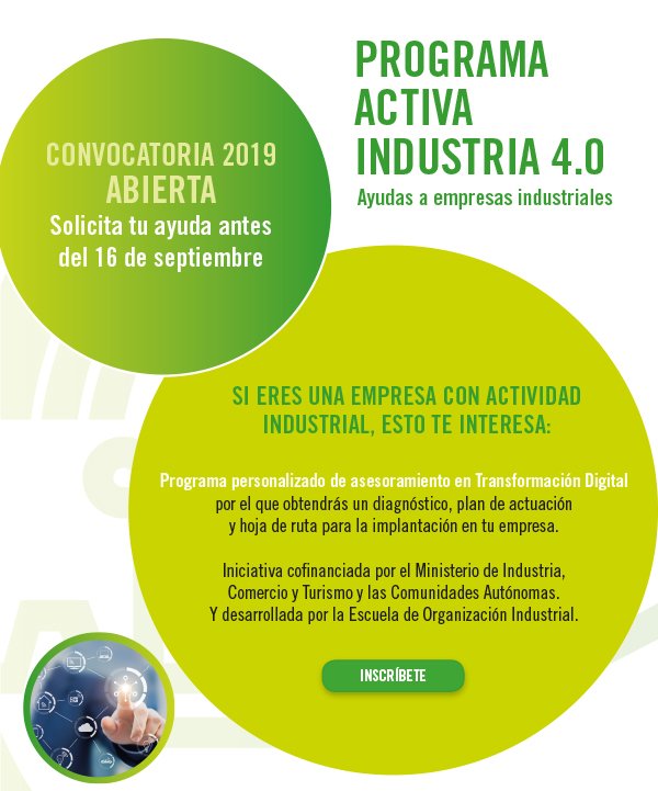 IConectada40's tweet image. 📢Ya están publicadas todas las convocatorias para el programa ACTIVA #Industria40 2019🏭
📝#pyme inscríbete antes del 1⃣6⃣ de septiembre!
No dejes pasar esta oportunidad. Plazas limitadas‼️
#TransformaciónDigital 
@mincoturgob @IndustriaGob @dgipyme @eoi 
eoi.es/es/empresas/in…