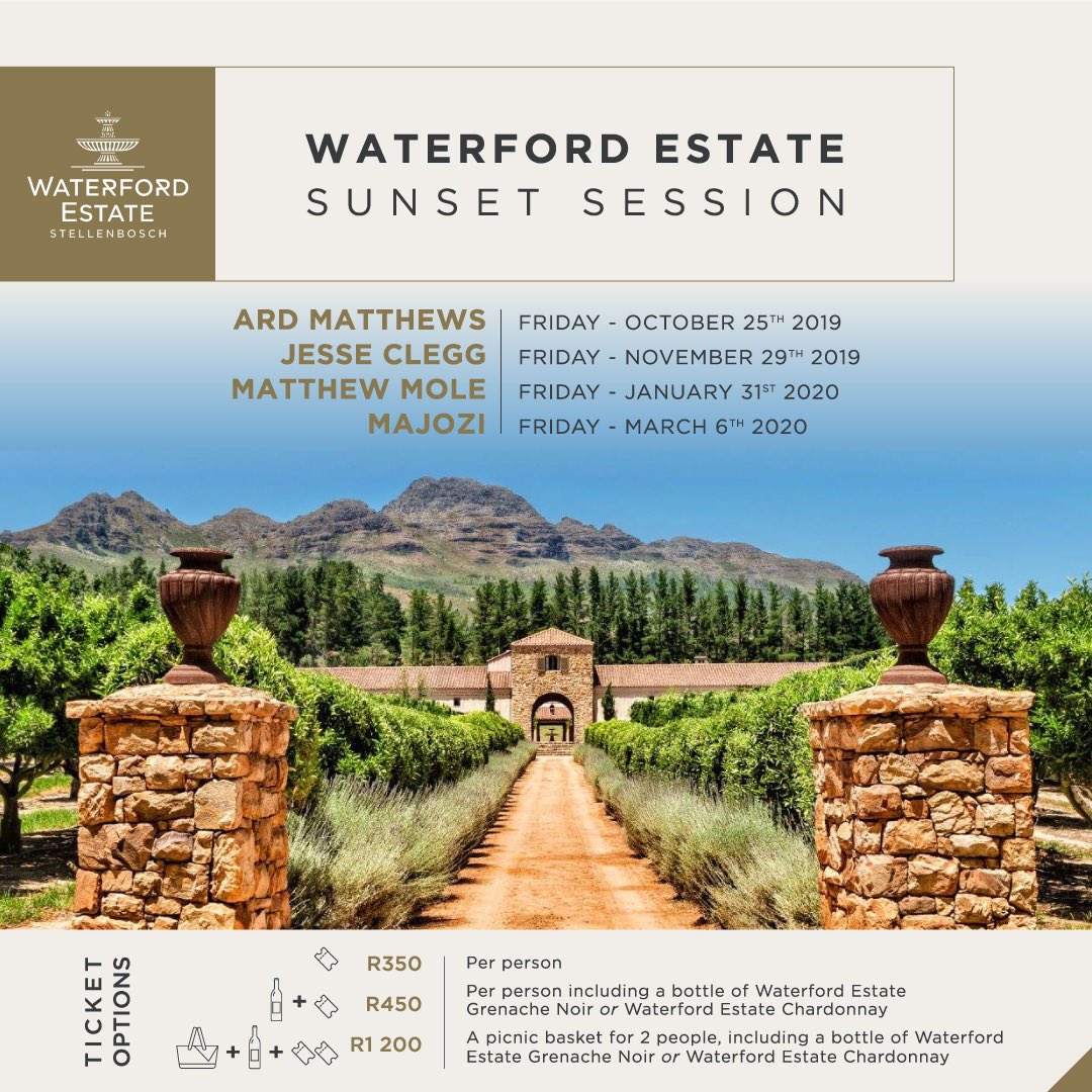 waterfordestate's tweet photo. Please note tickets will be available on our website on October 1st.
If you would like to join the waiting list please email events@waterfordestate.co.za with your preferred ticket option & number of tickets you would like to reserve #WaterfordSunsetSession https://t.co/T01YUej4tM