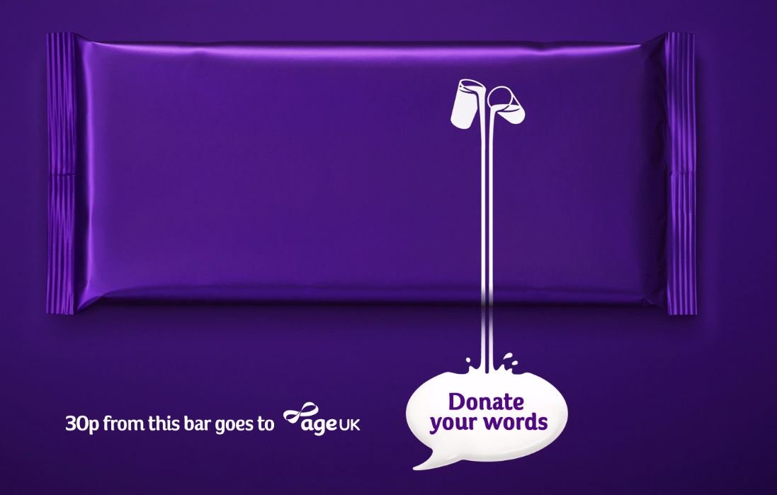 age_uk's tweet photo. We're thrilled to be working with @CadburyUK on #DonateYourWords, a campaign to help tackle #loneliness.

Cadbury has donated the words from their Dairy Milk bars and will donate 30p from every sale to @age_uk to help us provide vital services &amp; support: https://t.co/qfgI4BMryw https://t.co/2PZv9DpZd1