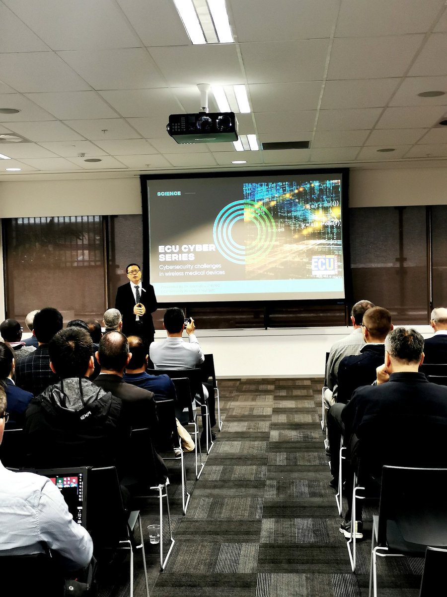 ECUSRI's tweet photo. A great turnout for today's #ecucyberseries. Dr. Guanglou Zheng, Postdoc Researcher with @ECUSRI presenting on #cybersecurity issues in wireless medical devices @EdithCowanUni #ACCSE https://t.co/sm0COAFeMT