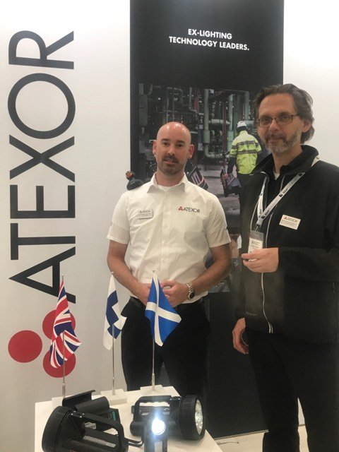Atexor_'s tweet photo. Day 2 @SPE_OE 

Derek Scott, Sebastian Vuorisalo and Andy Horsford looking dapper on our stand this morning.

Remember to come by to pick up your rubber duck 🦆 

#OE19 #Atexor #ExLighting #ATEXLighting #OffshoreEurope https://t.co/b0vt7hYyoO