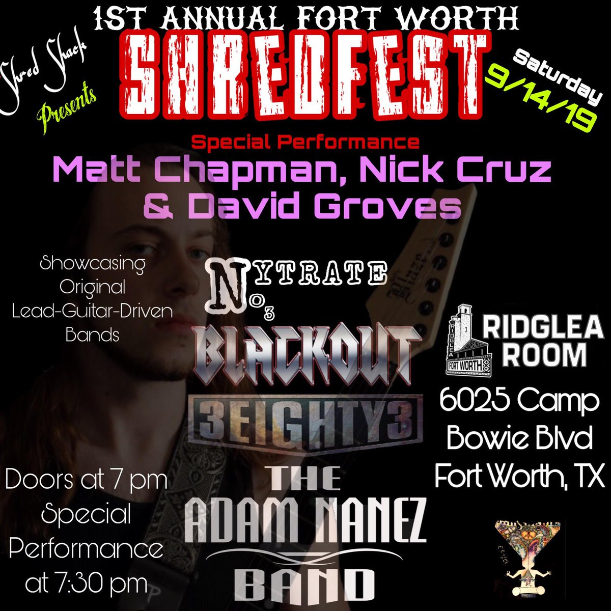RidgleaTheater's tweet photo. September 14: The 1st Annual SHREDFest w/ @AdamNanezBand, @3EIGHTY3_, Blackout and Nytrate ripping the stage in The Ridglea Room!
https://t.co/f6KuVbsQEy https://t.co/XWVasEAOjP