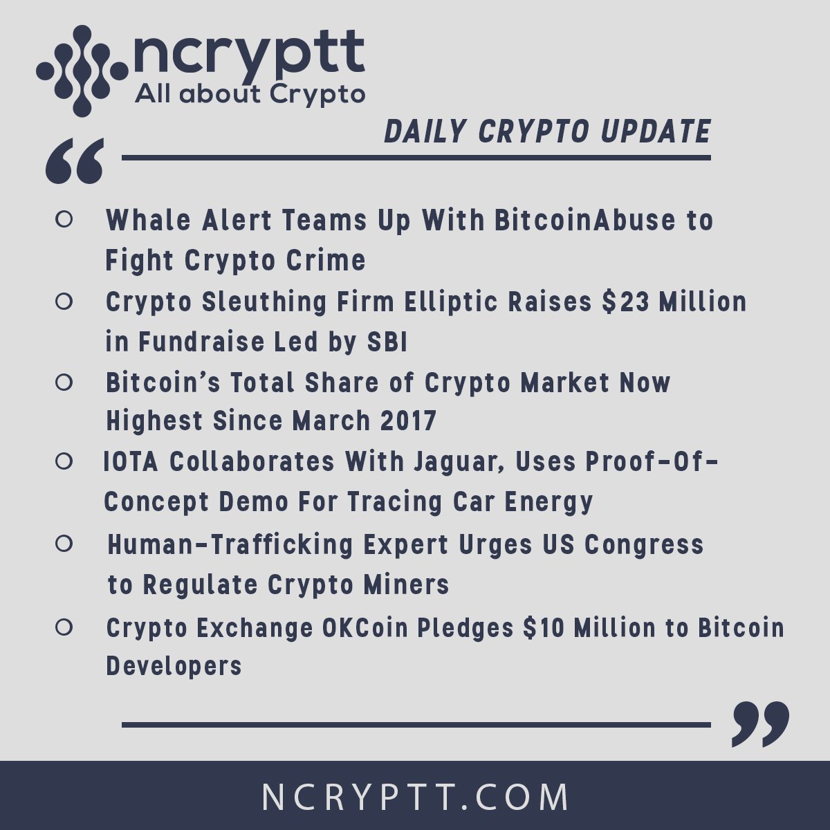 ncryptt's tweet photo. #dailycryptoupdate #cryptonews #ncryptt #whalealert #bitcoinabuse #cryptocrime #sleuthing #raises #sbi #btcshare #iota #jaguar #poc #carenergy #trace #humantrafficking #regulate #mining #okcoin #pledge #developers https://t.co/NNYNYuwKYD