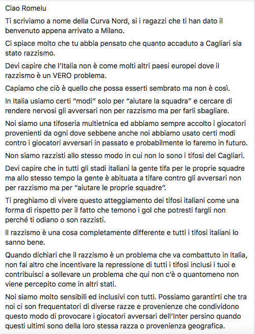 raffamimmo's tweet photo. Riassunto: "Caro Lukaku allo stadio si può essere razzisti, fa parte del tifo, quindi non rompere il cazzo perché noi siamo razzisti allo stadio. Solo li"
Comunicato de "L'urlo della Nord" (https://t.co/LM8tziOqm6), la curva dell'Inter.
La cosa più allucinante che abbia mai letto https://t.co/d0CWlGCPDj