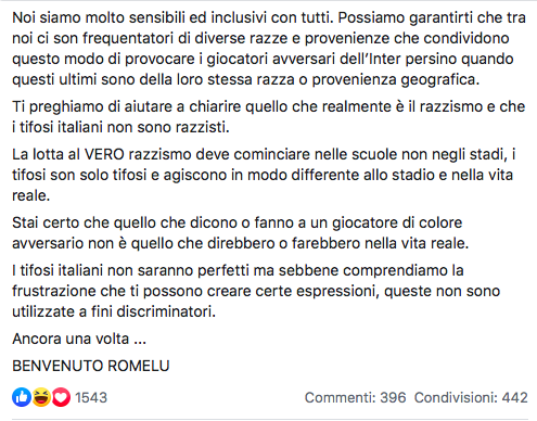 raffamimmo's tweet photo. Riassunto: "Caro Lukaku allo stadio si può essere razzisti, fa parte del tifo, quindi non rompere il cazzo perché noi siamo razzisti allo stadio. Solo li"
Comunicato de "L'urlo della Nord" (https://t.co/LM8tziOqm6), la curva dell'Inter.
La cosa più allucinante che abbia mai letto https://t.co/d0CWlGCPDj