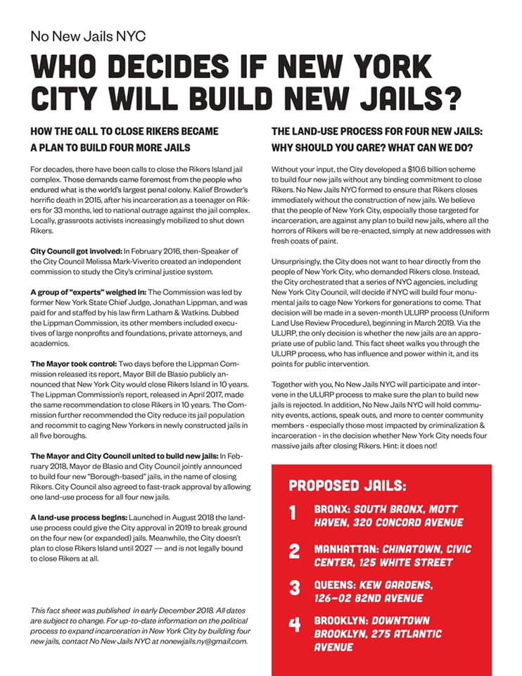 QueensBarrios's tweet photo. Here's a @nonewjails_nyc fact sheet with everything you should know about #NoNewJails ahead of tomorrow's public hearing on Mayor de Blasio's $10.6B plan to replace Rikers Island with four new prisons. https://t.co/E0dbblYnVm