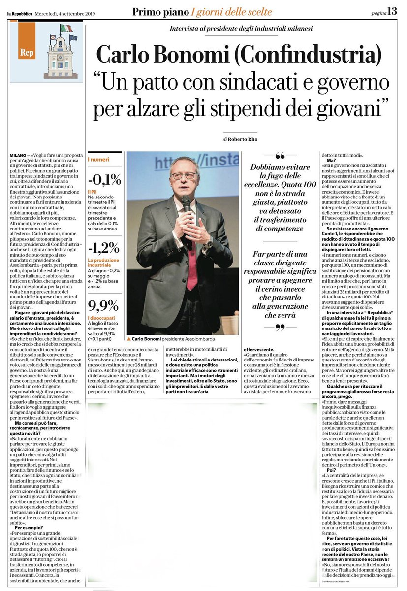 La mia idea per un grande patto tra #imprese #sindacati #governo in cui, oltre a difendere la validità dei contratti, proponiamo un salario maggiore per l’assunzione e la valorizzazione dei nostri #giovani. 

Detassiamo il nostro futuro! 

Oggi la mia intervista @Repubblica