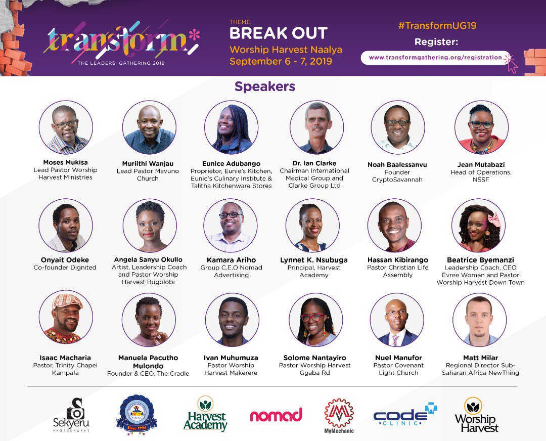 JustineMusiime's tweet photo. Phenomenal influencers,  thinkers, visionaries &amp; experts looking forward to sharing with you their experiences, lessons &amp; knowledge on transformational  leadership.

 #RegisterNow to reserve your slot. https://t.co/krdfNkIeLe

 #TransformUG19 #TransformAT5 #BreakOut https://t.co/B2XmQCY13Q