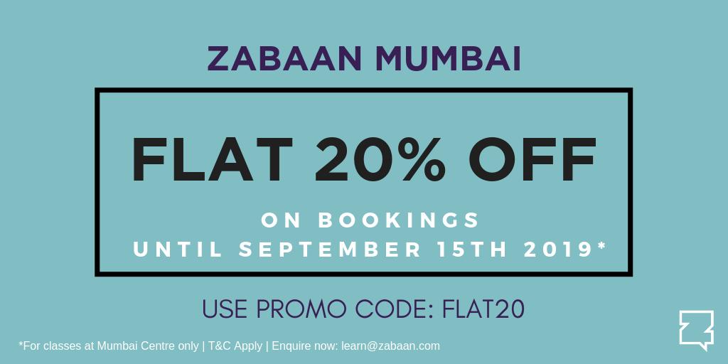 Zabaan's tweet photo. Flat 20% off classes at Zabaan Mumbai! (*T&amp;C apply) #learnalanguage #internations #hindiclass #septemberspecial #flat20 #urduclass #marathi #mumbai #passionforlanguage #expatsmumbai #juhu #zabaanschool #happythings https://t.co/4DTzD2RDGa