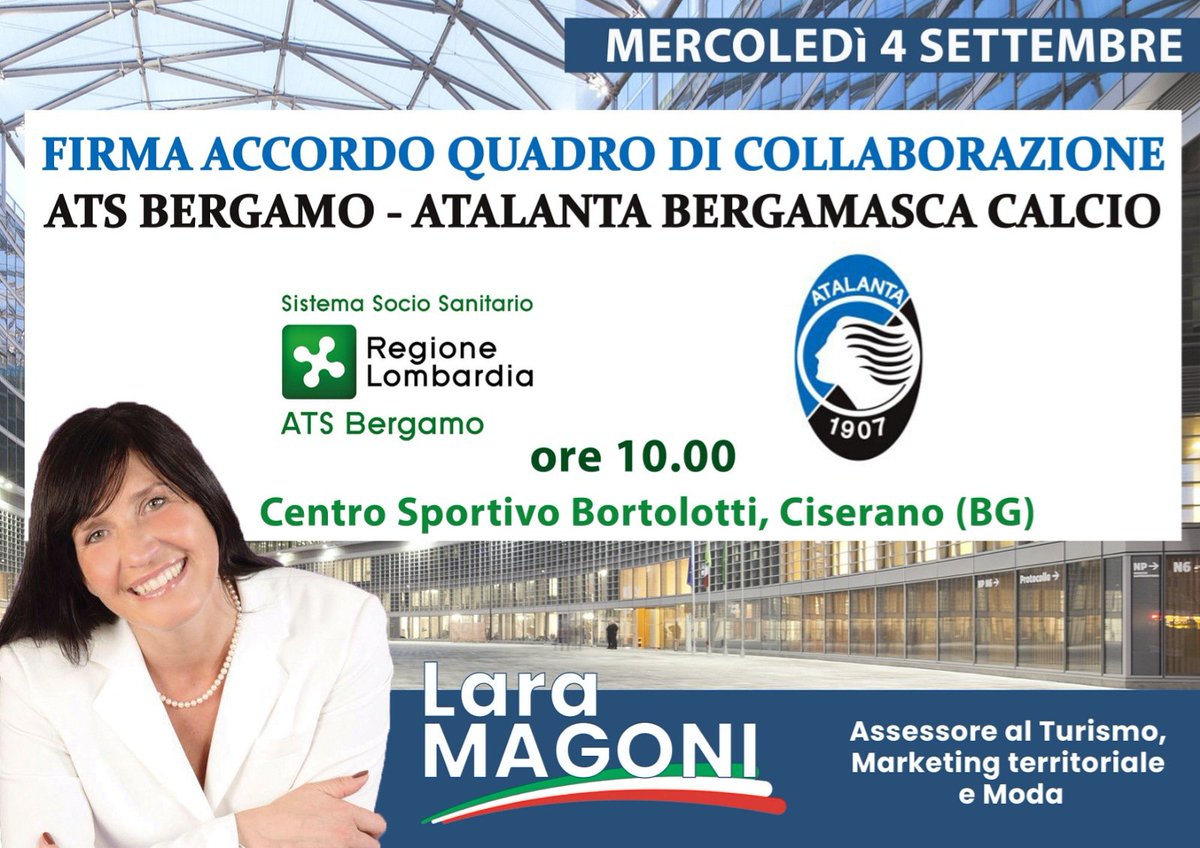 LaraMagoni's tweet photo. Fra poco più di un'ora sarò a #Ciserano presso il #CentroSportivoBortolotti per partecipare assieme al mio collega @GiulioGallera alla firma dell'accordo di #Collaborazione fra @ATS_BERGAMO e l'@Atalanta_BC. Continuate a seguirmi 😉
.
.
.
#TuttiInPista #InLombardia @RegLombardia https://t.co/SuOfQDPNuR