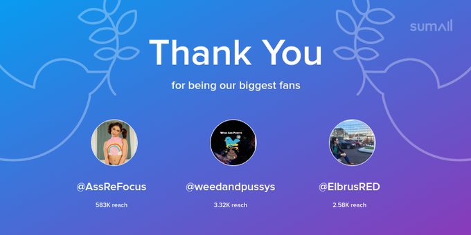 Our biggest fans this week: AssReFocus, weedandpussys, ElbrusRED. Thank you! via https://t.co/Lnrg9rGJvt