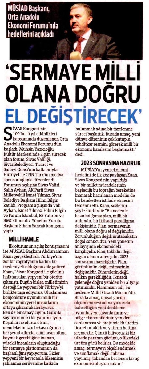 Genel Başkan <a href="/AKaanTR/">Abdurrahman Kaan</a>: Tazelenme ile başlayan kurumsal sürecin yaygınlaştırılması temel iktisadi gayemiz. Bu nedenle hazırladığımız plan, milli bir atılımdır, bir iktisadi paradigma değişimidir. Plan, sermayenin milli olana doğru el değişimidir. hurriyet.com.tr/ekonomi/musiad… <a href="/Hurriyet/">Hürriyet.com.tr</a>