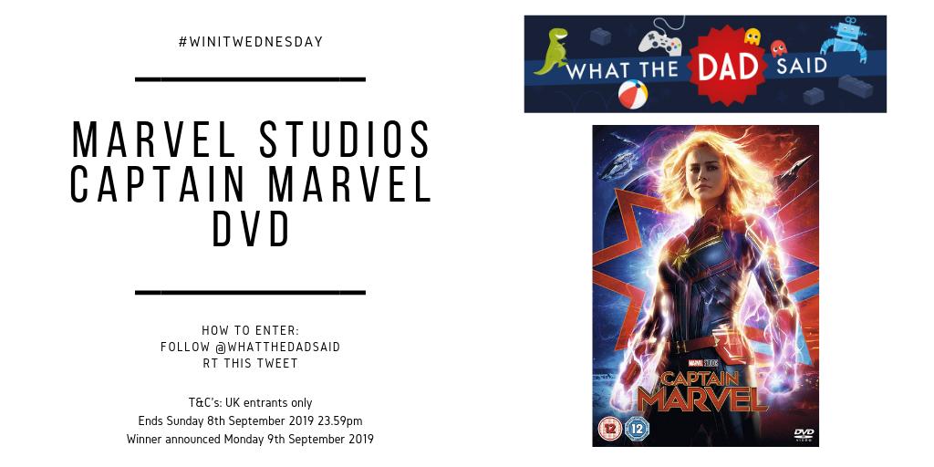 WhatTheDadSaid's tweet image. Time for #WinItWednesday!

* Follow @WhatTheDadSaid and RT to win Marvel Studios Captain Marvel DVD buff.ly/30TkoXM
* Ends Sunday 8th September 2019 (23.59pm)
* UK entrants only

Full T&amp;amp;C's: buff.ly/2VoKjY4