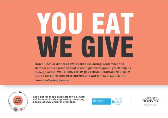JWMarriottBuhro's tweet photo. Join us for lunch or dinner in JW Steakhouse between September 1st and October 31st and it won’t just taste good – you’ll help us do good too. 1 euro from every meal ordered in JW Steakhouse will go to SOS Children’s Villages Romania. #youeatwegive#jwmarriottbucharestgrandhotel https://t.co/6fOZJbXOwl