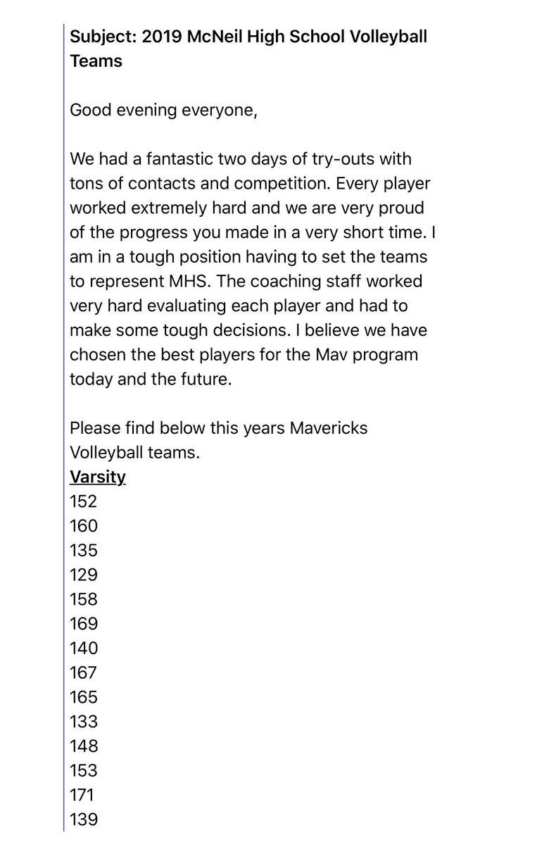 hschuler's tweet image. What do you do if your child is equal opportunity rights have been violated more than once by their high school? 15 numbers go out, but only 13 girls tried out??? Is that fare?@MHSMavs @sfloresRRISD @DwayneWeirich she never had a chance. Team was made before tryouts.