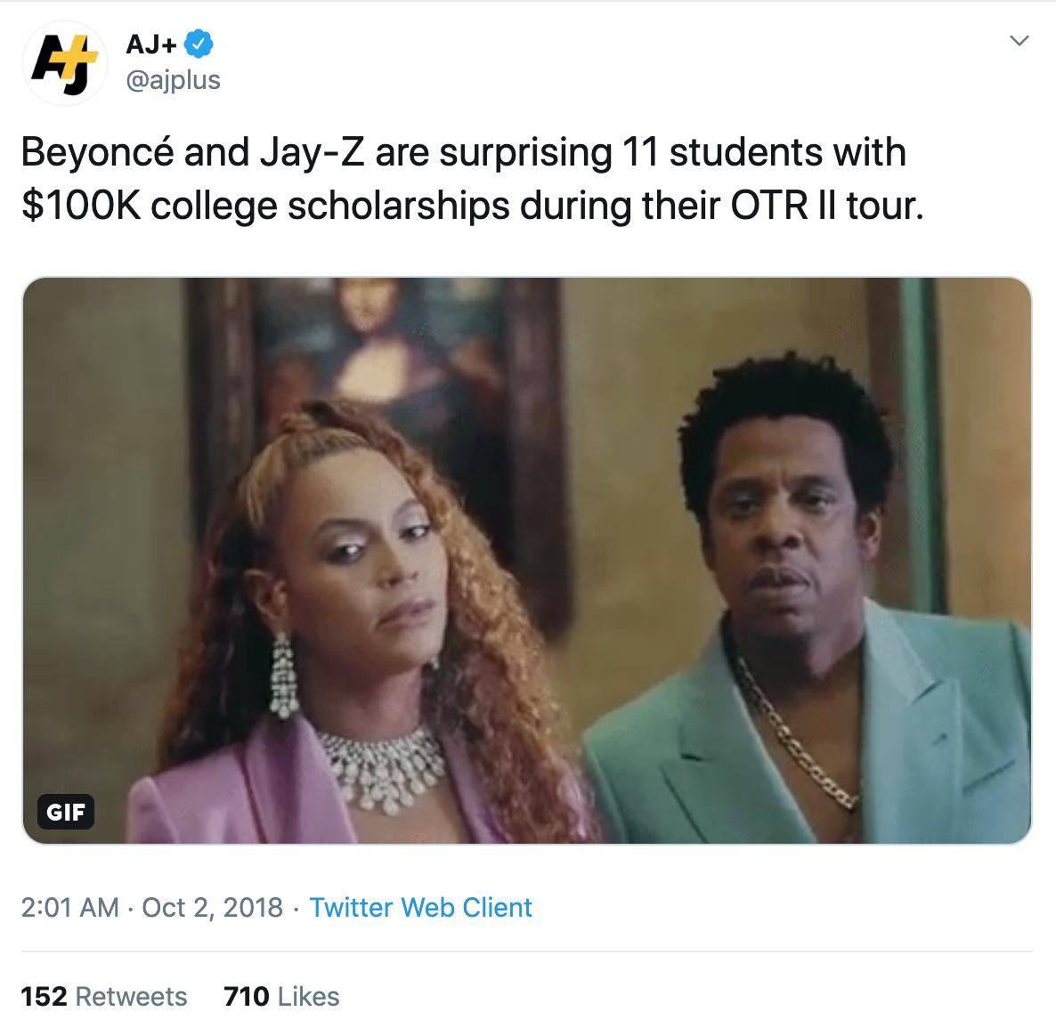 1) $1.1M scholarships for the fansBeyoncé & Jay-Z gave out $1.1M scholarships to fans during the 4-month surprise joint tour OTR II in 2018.