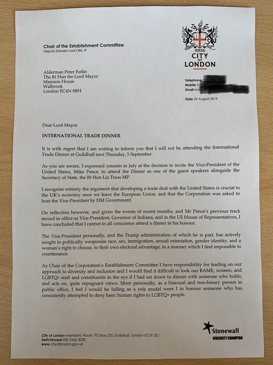 C E Lord Obe On Twitter My Letter To The Citylordmayor Explaining Why I Feel Unable To Attend Tomorrow S International Trade Dinner With Us Vp Mike Pence The Cityoflondon Should Not Be Honouring