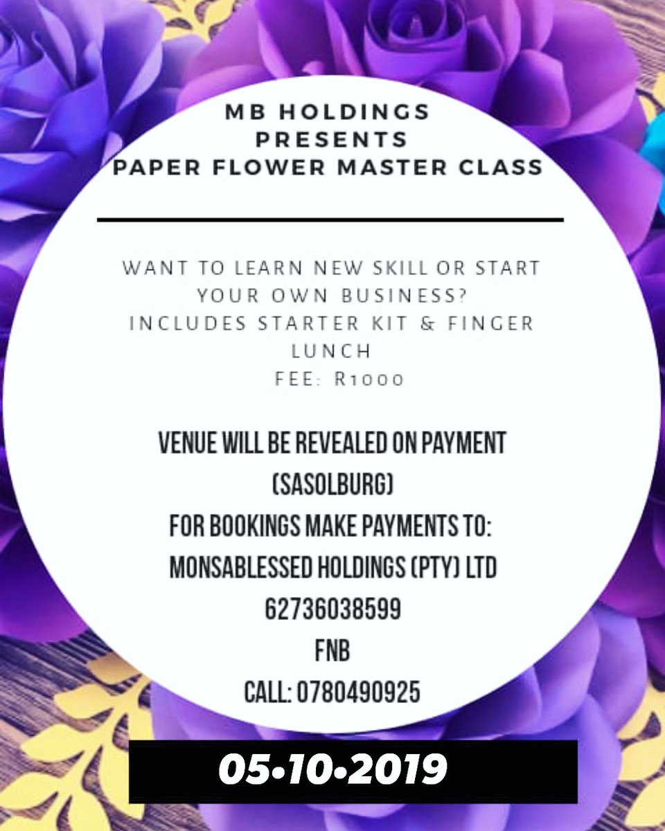 MBHoldings's tweet photo. Opportunity for anyone who is intrested in learning a new skill, starting a business, bringing a spark in their decor business by learning how to make paper flower. Paperflowers are perfect for any occasion, interior decor, office decor, ect. #GirlTalkZA #GirlBuyZA #SouthAfricans https://t.co/1ZnXWu8nOy