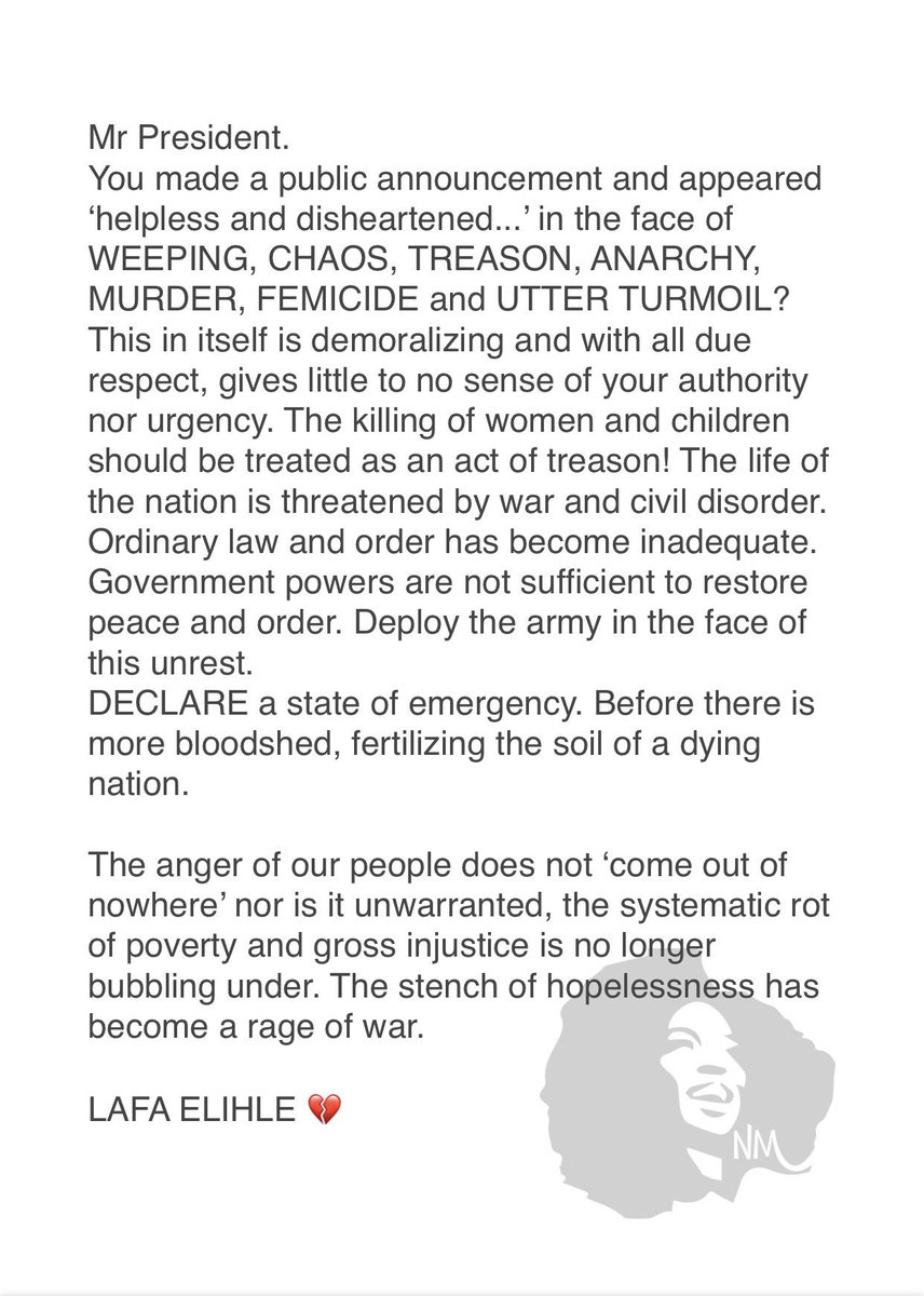 NomzamoMbatha's tweet photo. Dear @CyrilRamaphosa @PresidencyZA @GovernmentZA 

“You ultimately judge the civility of a society not by how it treats the powerful, the protected, the highly esteemed, but how it treats the poor, the disfavoured and the disadvantaged” ... https://t.co/fFaszGJRrs