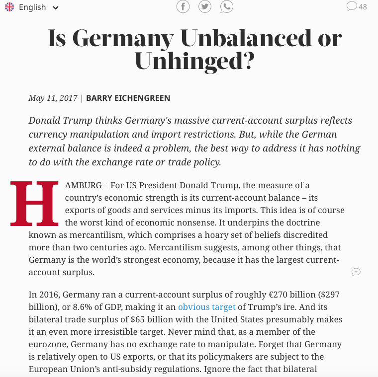 heimbergecon's tweet photo. Barry Eichengreen on why only massive public investment can lower Germany's large current-account surplus. The op-ed is from 2017, but it summarises quite well why many international economists urge Germany to spend more to reduce existing imbalances.
https://t.co/uafiFGPOPh https://t.co/bmkDrO2U7g