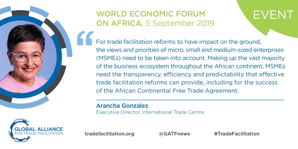 GATFnews's tweet photo. .@AranchaGlezLaya, Executive Director @ITCnews, will give opening remarks at the @GATFnews community session on #InclusiveTrade in #Africa at @wef #af19 tomorrow. #TradeFacilitation #Trade4All #SMEs https://t.co/xGix10fquZ