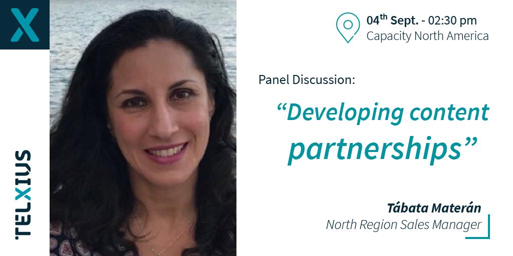 telxius's tweet photo. Our North Region Sales Manager, Tábata Materán, will participate in the panel discussion ‘Developing content partnerships’ at #CapacityNorthAmerica 2019. It will be today, Wednesday 4 at 2:30 pm. Don’t miss the opportunity to listen to her! https://t.co/3bo0gw2TkA