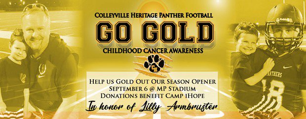 This Friday, September 6, help us Gold Out the game to raise money for Camp iHope in honor and memory of Lilly Armbruster!
We will be taking monetary donations at the gate and will do a pass the bucket during 3rd quarter. #chpantherpride #pantheron #F19HT #PR1D9 <a href="/joewillis7/">Joe willis</a>