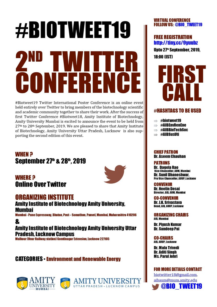 bio_tweet19's tweet photo. After the success of first Twitter Conference #Biotweet18, AIB, Amity University Mumbai is excited to announce #Biotweet19, the event to be held from 27-28 September 2019. We are pleased to share that AIB, Amity University Uttar Pradesh, Lucknow is also supporting this 2nd edn. https://t.co/dJX6vWvx7N