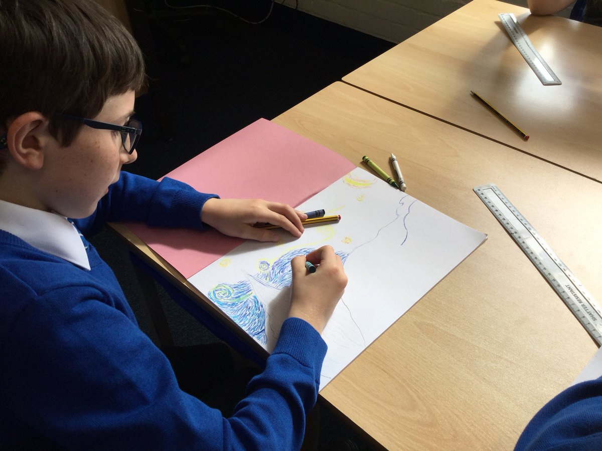 StLaurenceCE's tweet photo. In Year 2 they sketched his famous sunflowers; now that they have reached the dizzy heights of Year 5 they are recreating Mr Van Gough’s most famous painting ‘Starry Night’, with impressive results so far ! YEAR 5 #artists #swirls #bumpandjump https://t.co/EWWoWsMoHG