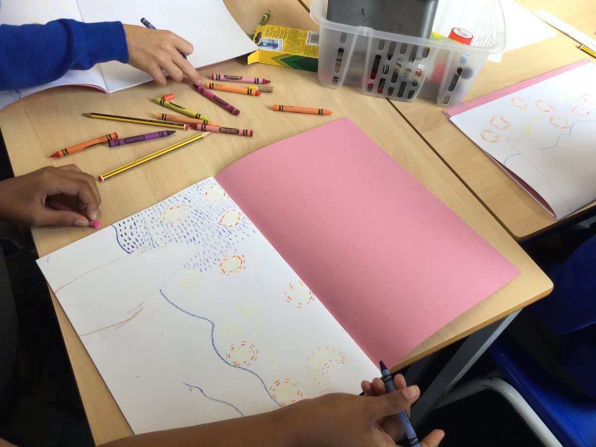 StLaurenceCE's tweet photo. In Year 2 they sketched his famous sunflowers; now that they have reached the dizzy heights of Year 5 they are recreating Mr Van Gough’s most famous painting ‘Starry Night’, with impressive results so far ! YEAR 5 #artists #swirls #bumpandjump https://t.co/EWWoWsMoHG