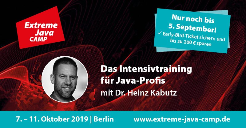 ExtremeJavaCamp's tweet photo. Java-Cracks aufgepasst - Early Bird endet morgen! 😱 Jetzt noch Frühbucherticket für das #ExtremeJavaCamp in Berlin sichern und von einem der führenden #Java-Experten @heinzkabutz lernen! Are you ready for the next level? 🏋https://t.co/4sFKrYrflX https://t.co/xW4mTdm8bQ