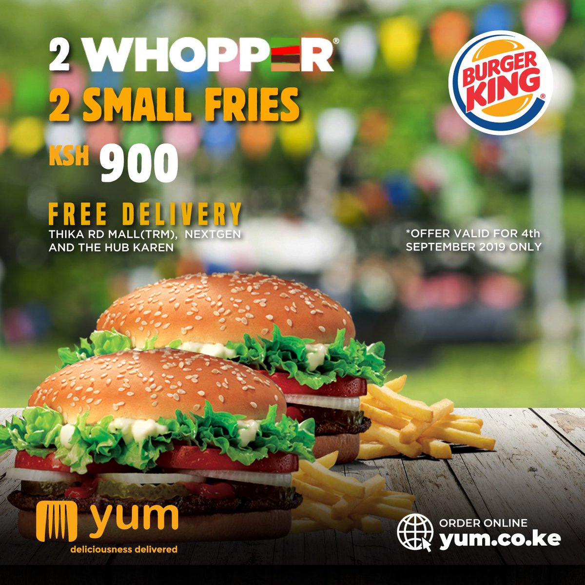 YumKenya's tweet photo. Whooper Wednesday Offer!!!
2 Whoopers and 2 Small Fries.
Free Delivery valid for today only.
Order on 0708 999 555 or from the website https://t.co/5qSwpdwf1f

#foodie #nairobi #kenya #food #restaurant #WhopperWednesday #burgerkingkenya #WednesdayThoughts https://t.co/p6ZWMN4cL6