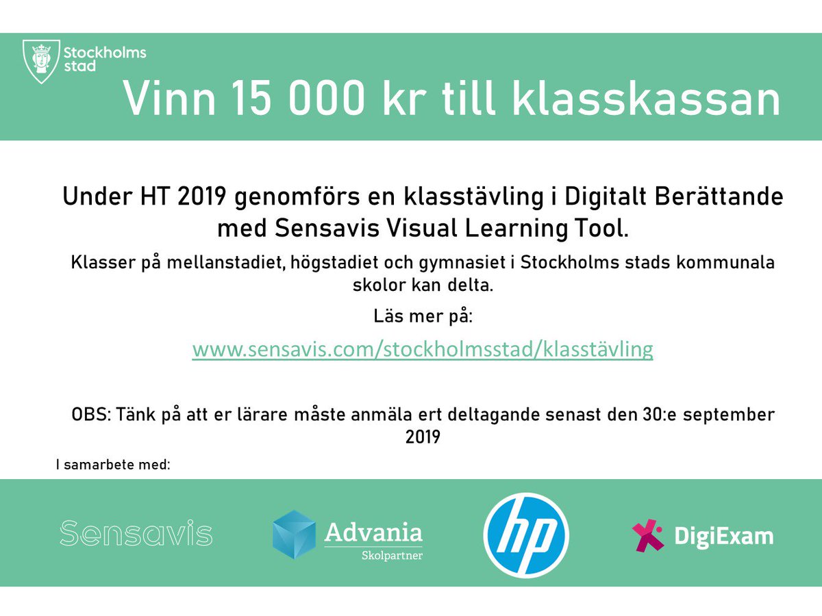 Lärare och skolledare i Stockholms stad! Utveckla ert digitala arbete på skolan med fokus på elevers lärande. Era klasser (åk 4 till Gy) kan dessutom vinna pengar till klasskassan: sensavis.com/stockholmsstad…  #sthlmsensavis #digitaltberättande @Medioteket @skoldatateket